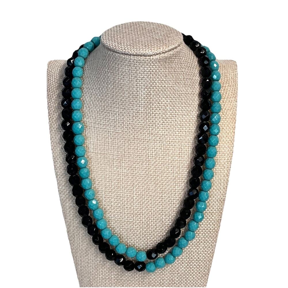Vintage Onyx Black Turquoise Beaded Double Strand Necklace 17" Long (#B9)